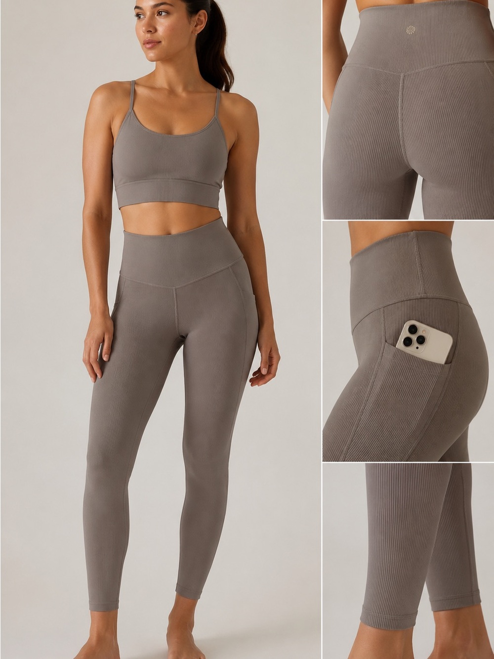 Athleta Ribbed High-Waist Leggings in Taupe Gray